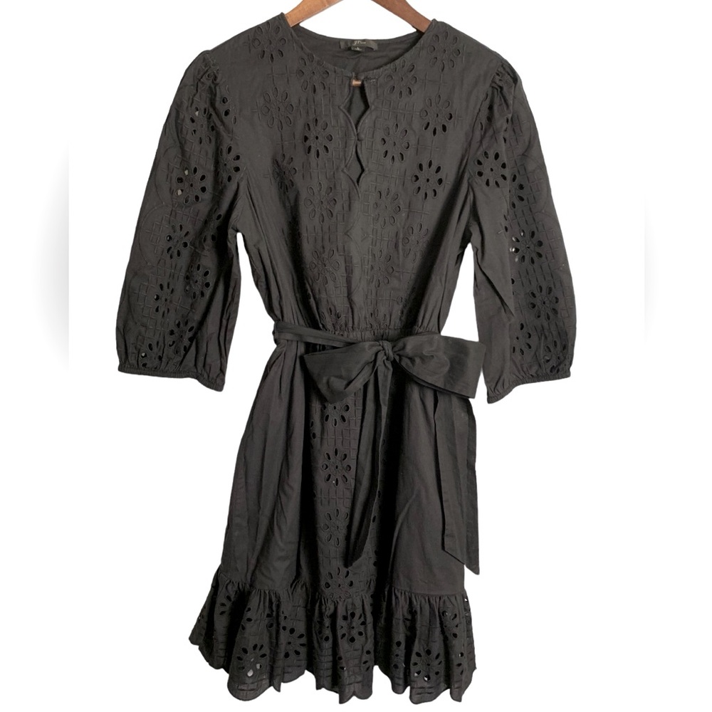 J Crew 100% Cotton Scalloped Trim Tie Waist Eyelet Midi Dress Black Size L